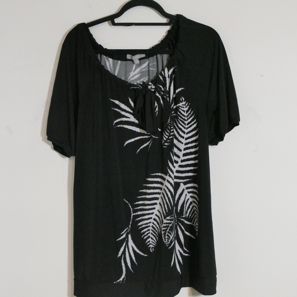 NY collection Women Blouse XL Black Tropical Palm Leaf Boho Botanical Monochrome